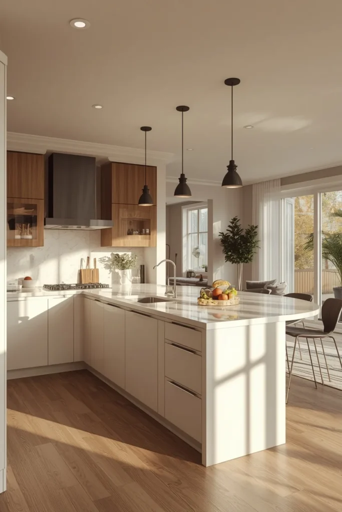 17 Curved Kitchen Peninsula Ideas for Better Small-Space Flow 5 L-shaped kitchen, featuring a curved peninsula extending from the shorter cabinet run