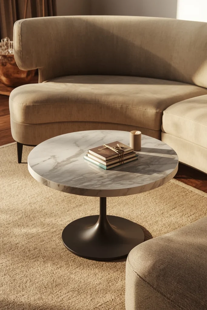 living room detail shot, featuring a round marble-top coffee table with a slim pedestal base 