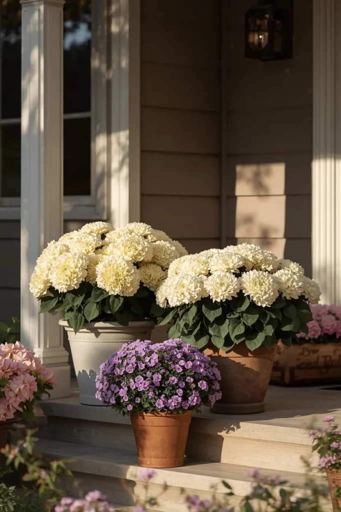 front porch, featuring pots of cream and white mums placed 