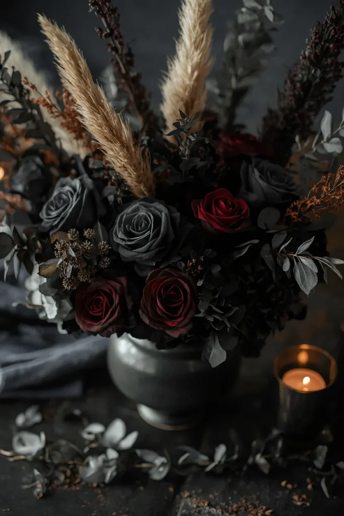 18 Elegant Halloween Dining Table Ideas for a Chic Fright Night 5 floral centerpiece close-up, featuring a low wide arrangement of black and burgundy roses
