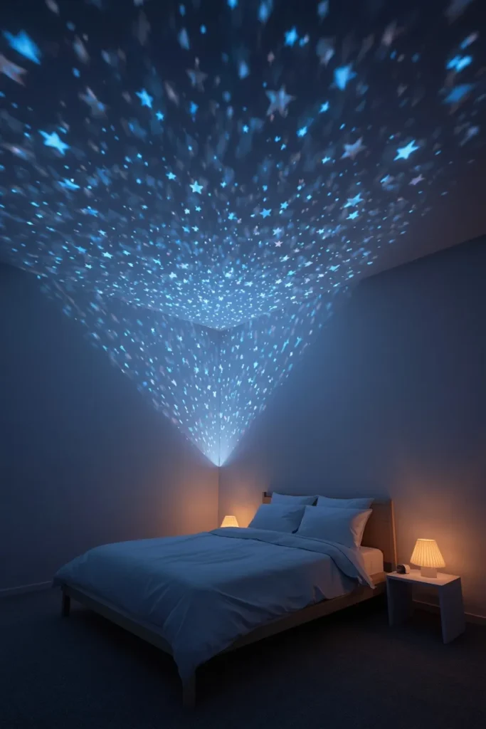 bedroom, featuring a star projector casting a scattered field of soft blue and white light