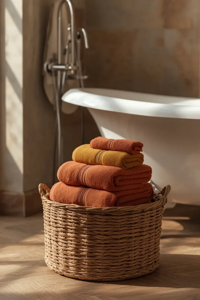15 Fall Bathroom Decor Ideas for a Cozy Season Refresh 5 bathroom, featuring a stack of rust and mustard-toned bath towels