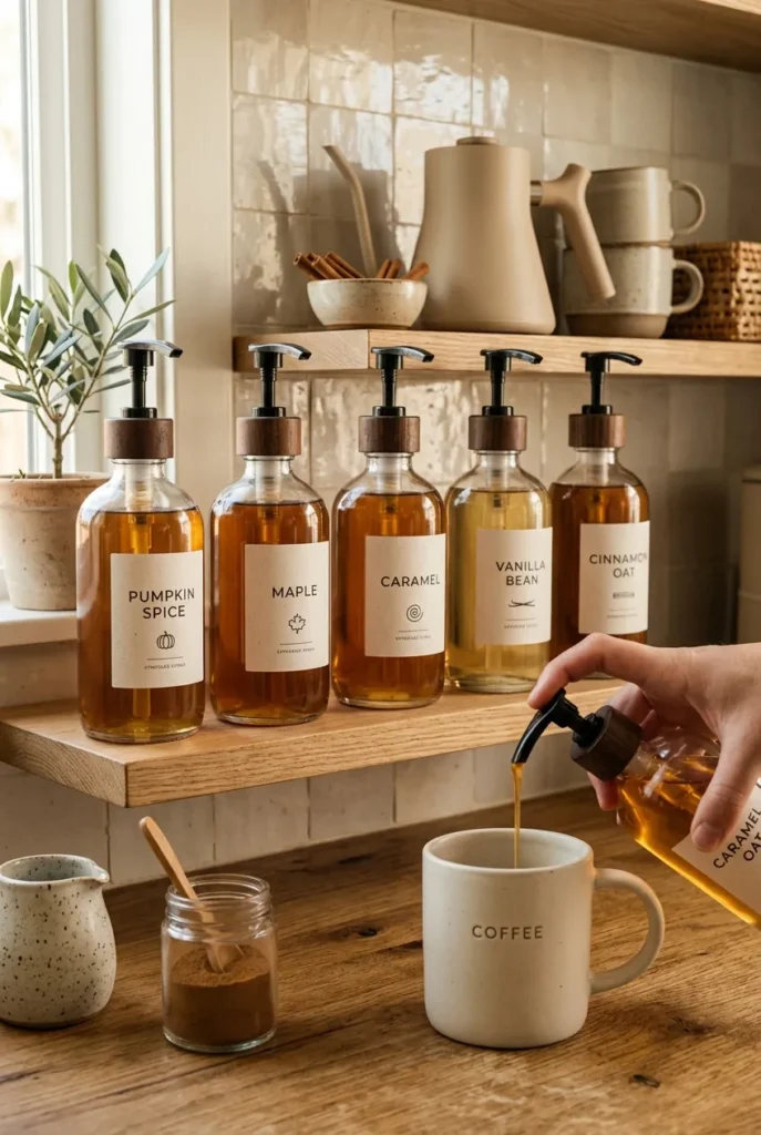  kitchen coffee station, featuring a row of glass syrup dispenser bottles 