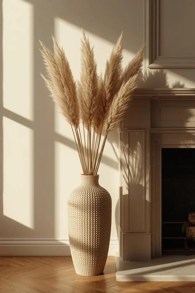 16 Fall Decor Ideas for the Space in Front of Your Fireplace 5 living room fireplace, featuring a tall textured ceramic floor vase filled with dried pampas grass