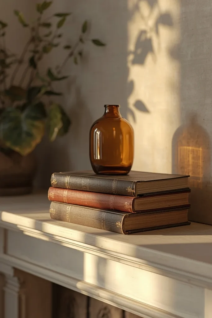 farmhouse living room mantel, featuring a stack of worn vintage hardcover books