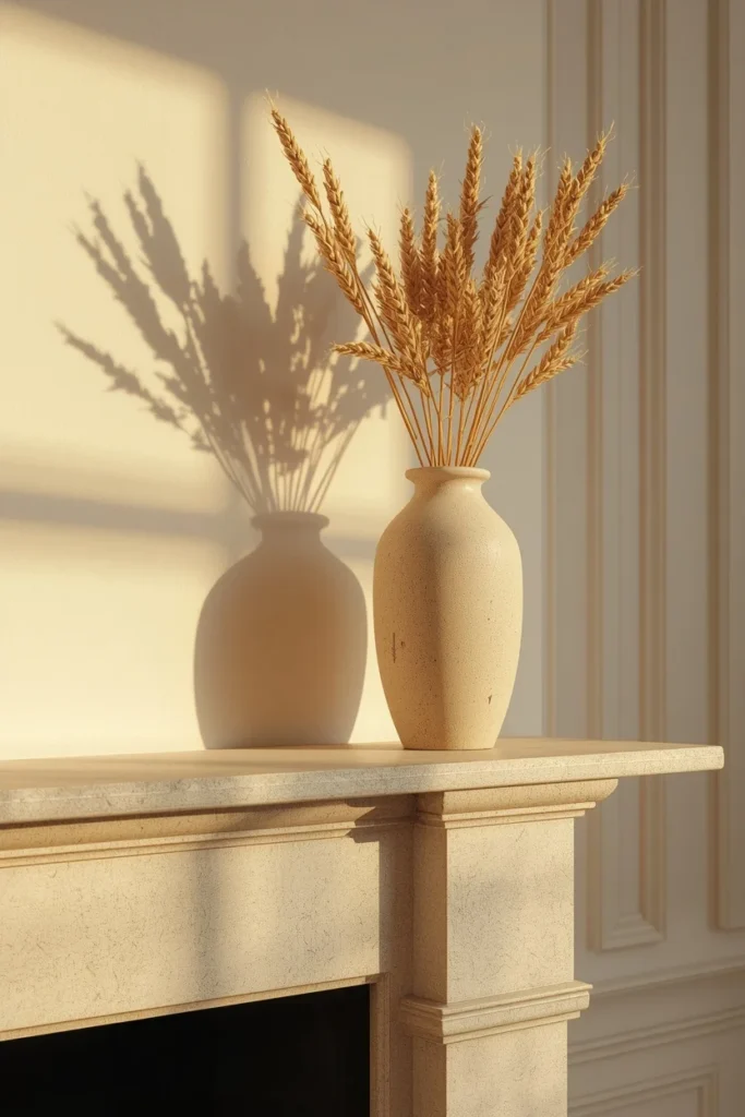  fireplace mantel, featuring a tall stoneware vase filled with dried wheat stems positioned at one end
