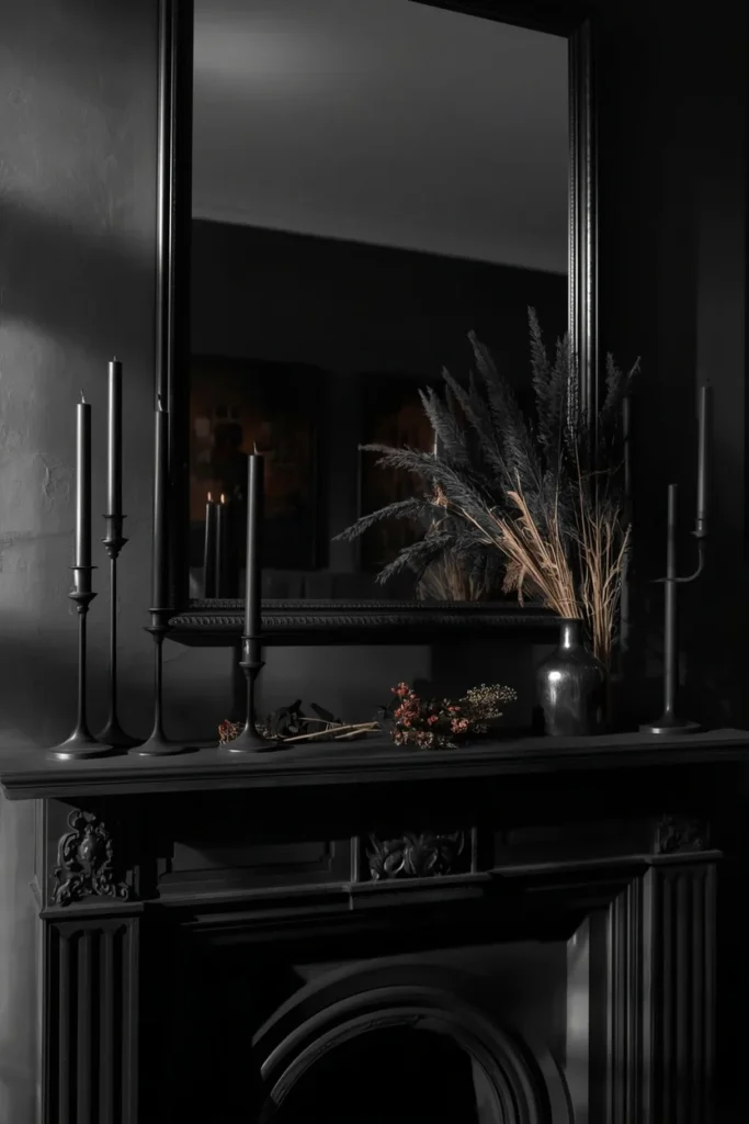 dark living room mantel, featuring black taper candlesticks of varying heights