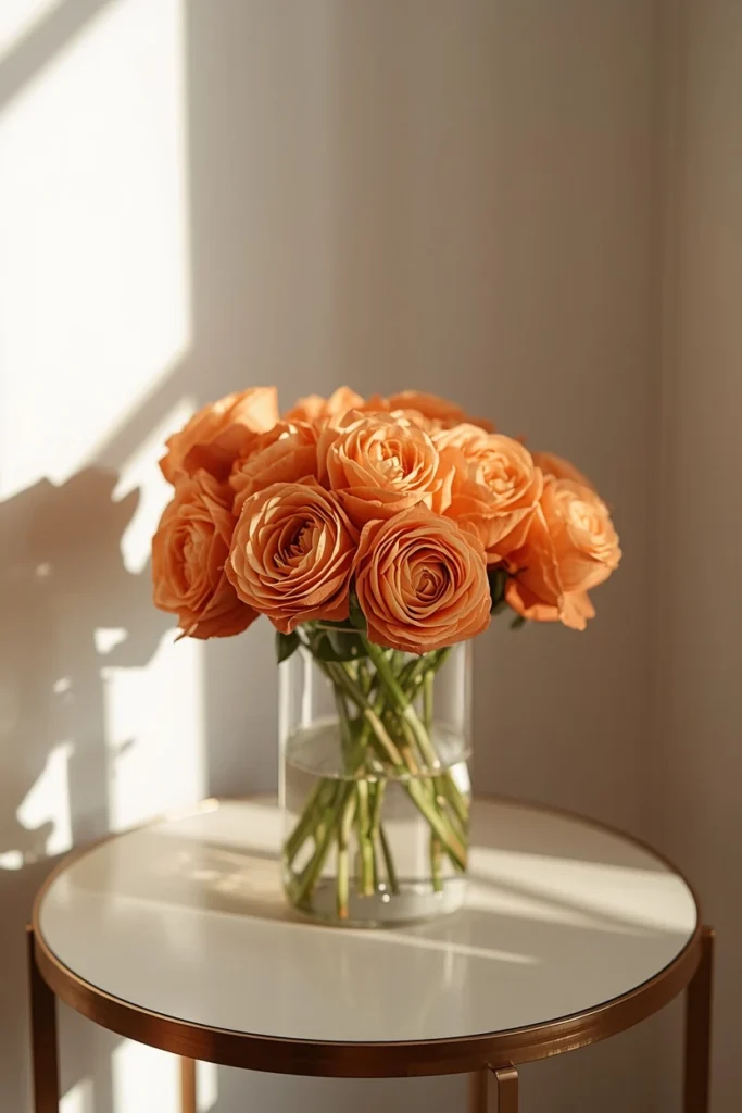  side table, featuring a monochrome orange flower arrangement 