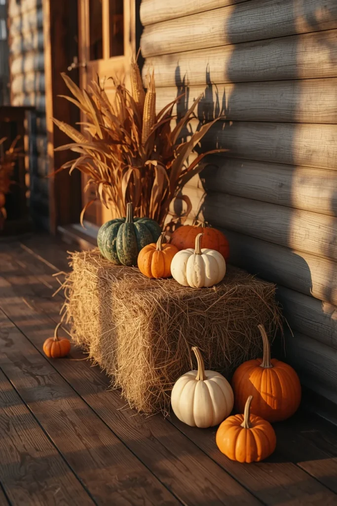 23 Fall Front Porch Decor Ideas Neighbors Will Envy 5 front porch, featuring a small hay bale topped with mixed pumpkins and gourds