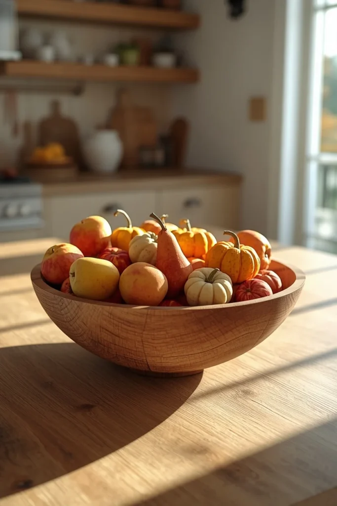 17 Fall Kitchen Countertop Decor Ideas That Feel Cozy, Not Cluttered 5 kitchen island shot, featuring a large wood dough bowl filled with apples