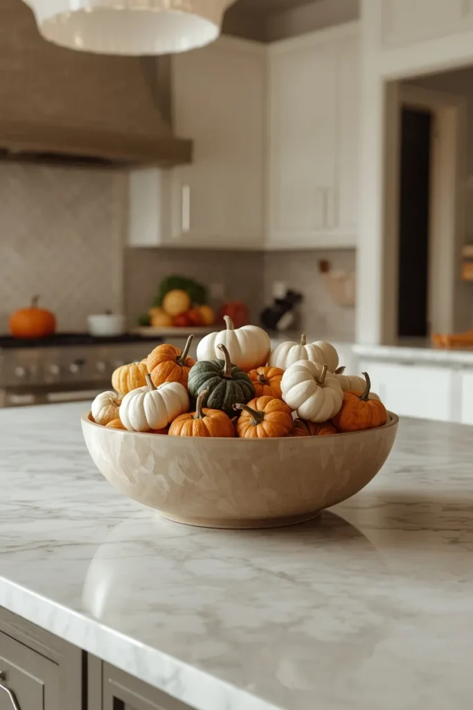 20 Fall Kitchen Decor Ideas That Are Easy to Recreate 5 kitchen island, featuring a large ceramic bowl filled with an assortment of mini pumpkins