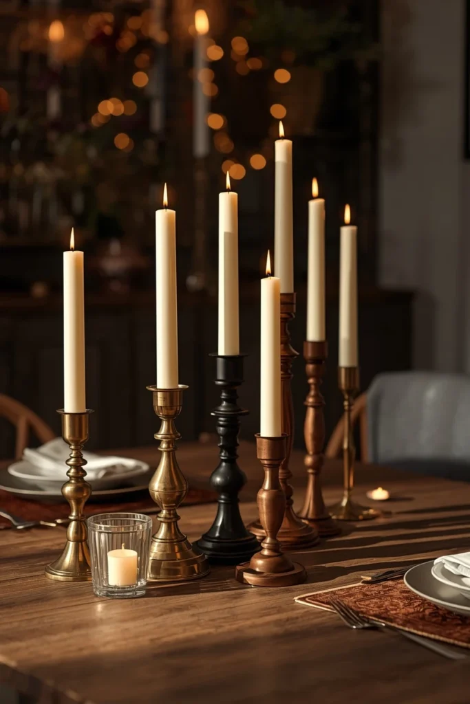 18 Fall Table Setting Ideas for Cozy Autumn Dinners 5 dining table, featuring mixed brass, black metal, and wood candlesticks