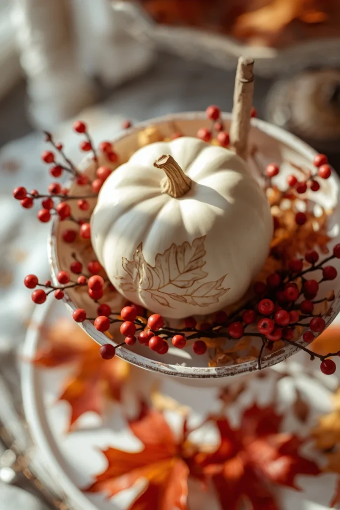 tray close-up, featuring a white pumpkin etched with a delicate leaf design