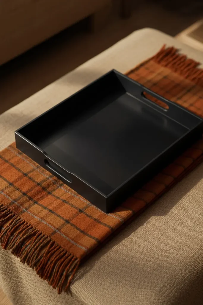 15 Fall Tray Decor Ideas to Style Your Coffee Table Like a Pro 5 coffee table close-up, featuring a black metal tray resting on a folded rust-colored plaid scarf
