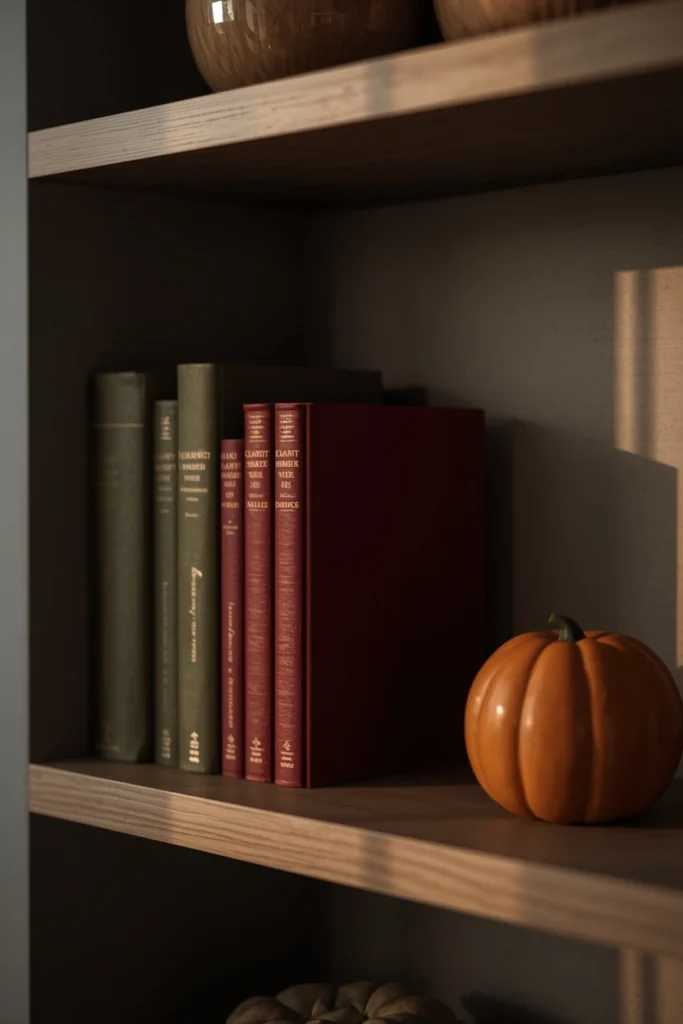  shelf vignette, featuring deep olive and burgundy books and pottery