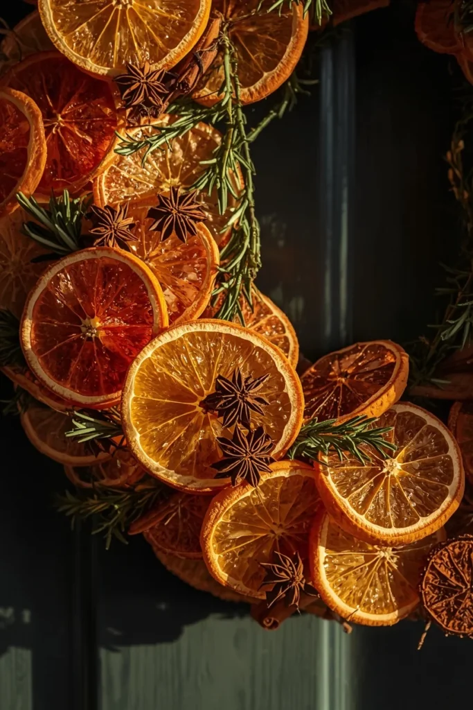 24 Fall Wreath Ideas to Welcome the Season in Style 5 front door close-up, featuring a wreath made of dried orange, lemon, and grapefruit slices