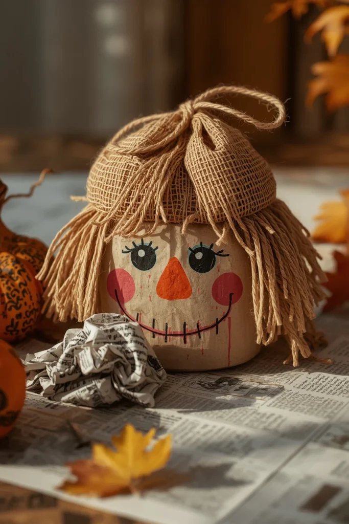 19 Fun DIY Scarecrow Ideas for fall that Kids Will Love Making 5 craft table close-up, featuring a stuffed paper bag scarecrow head tied with twine, painted