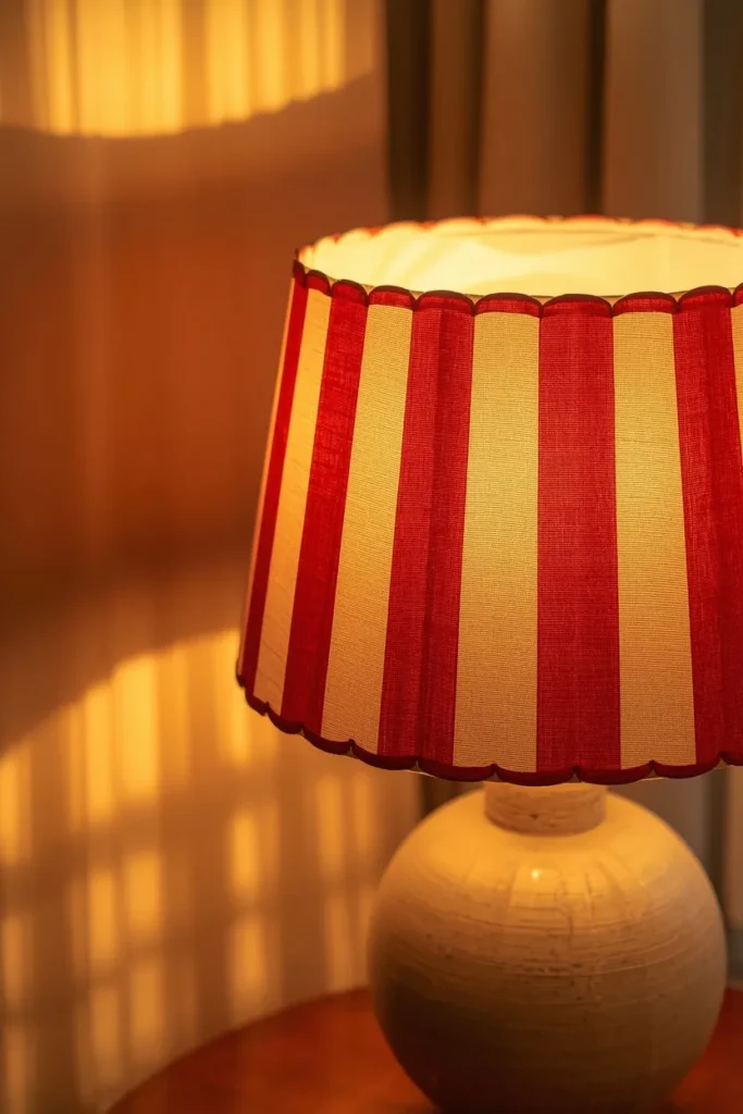 15 FunHaus Interior Ideas for a Bold, Playful Home That Breaks the Rules 5 side table styling shot, featuring a red and white striped scalloped-edge lampshade