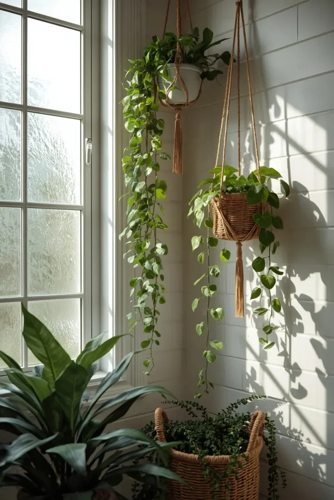 21 Green Bathroom Ideas That Bring Nature's Calm Into Your Home 5 bathroom corner, featuring a floor-to-ceiling arrangement of ferns