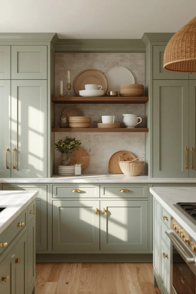 17 Green Kitchen Designs That Feel Bold, Fresh & Totally Unexpected 5 kitchen, featuring sage green shaker cabinets, brass knobs and pulls, open wood shelving