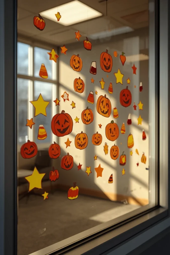 medical office window, featuring a loose cluster of colorful vinyl window clings