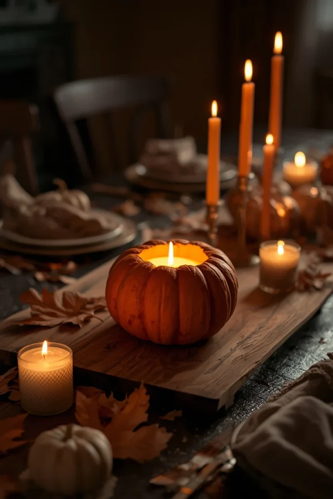 centerpiece shot, featuring a single elegantly carved pumpkin glowing from an internal flameless candle