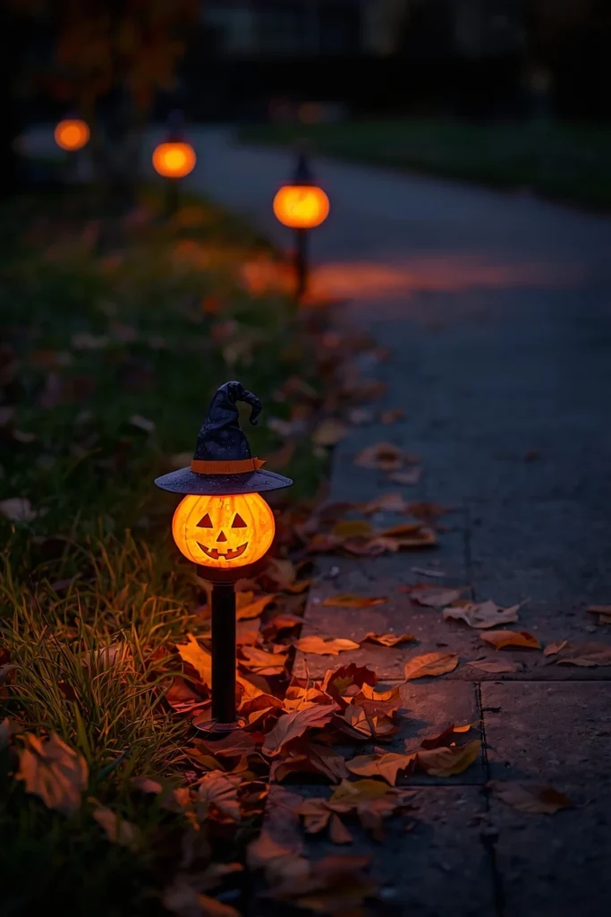 18 Halloween Walkway Ideas That Set the Spooky Mood Early 5 Halloween walkway lighting, featuring solar path lights topped with small witch hats