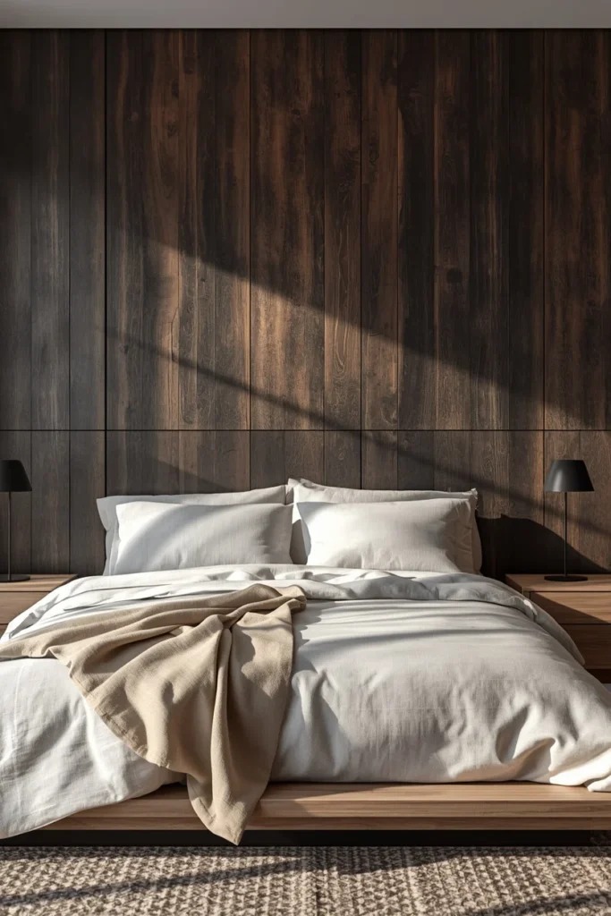  Japandi bedroom, featuring a charred shou sugi ban burnt wood accent wall behind a low platform bed, p