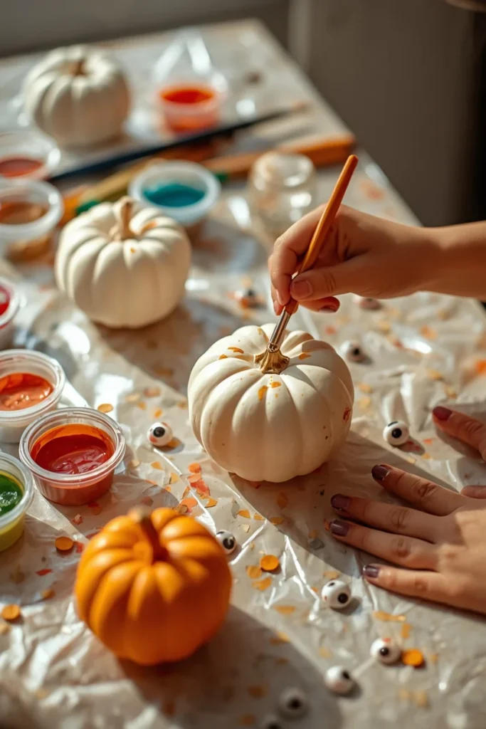  kids craft table, featuring mini white and orange pumpkins, small pots of acrylic paint 