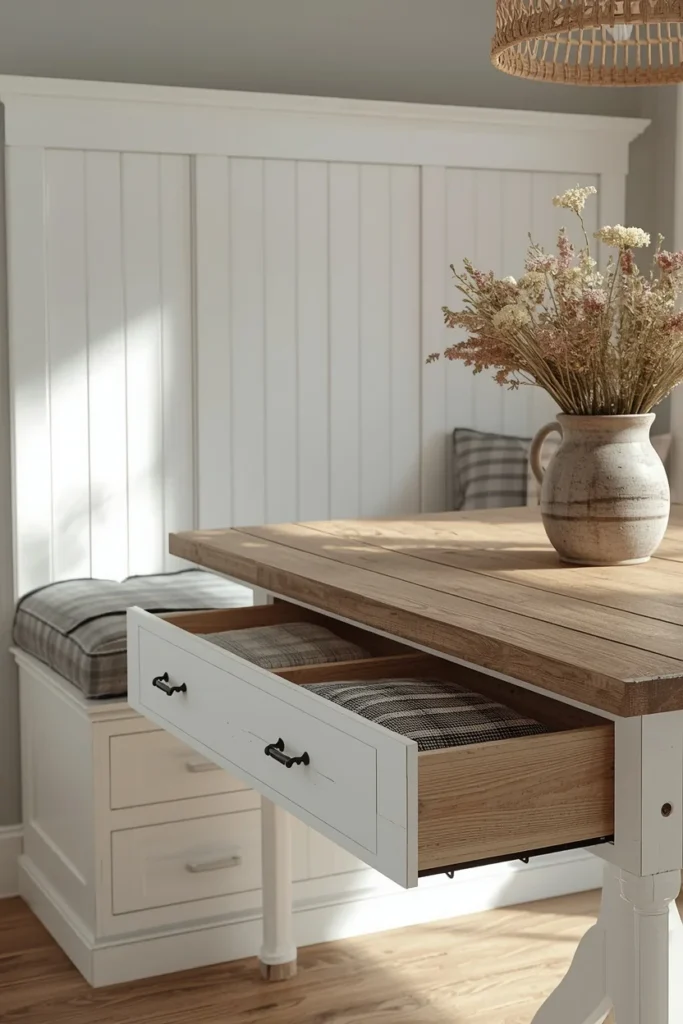 21 Kitchen Banquette Seating Ideas That Make Every Meal Feel Special 5 farmhouse kitchen banquette, featuring white shiplap-paneled bench front with two pulled-out wooden drawers