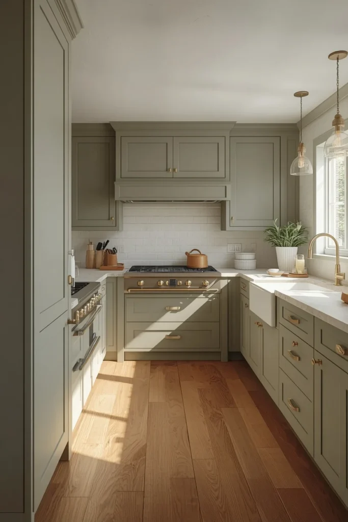  kitchen, featuring sage green shaker cabinets, brass hardware, a light stone countertop