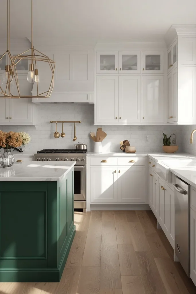  kitchen, featuring a deep forest green kitchen island contrasted
