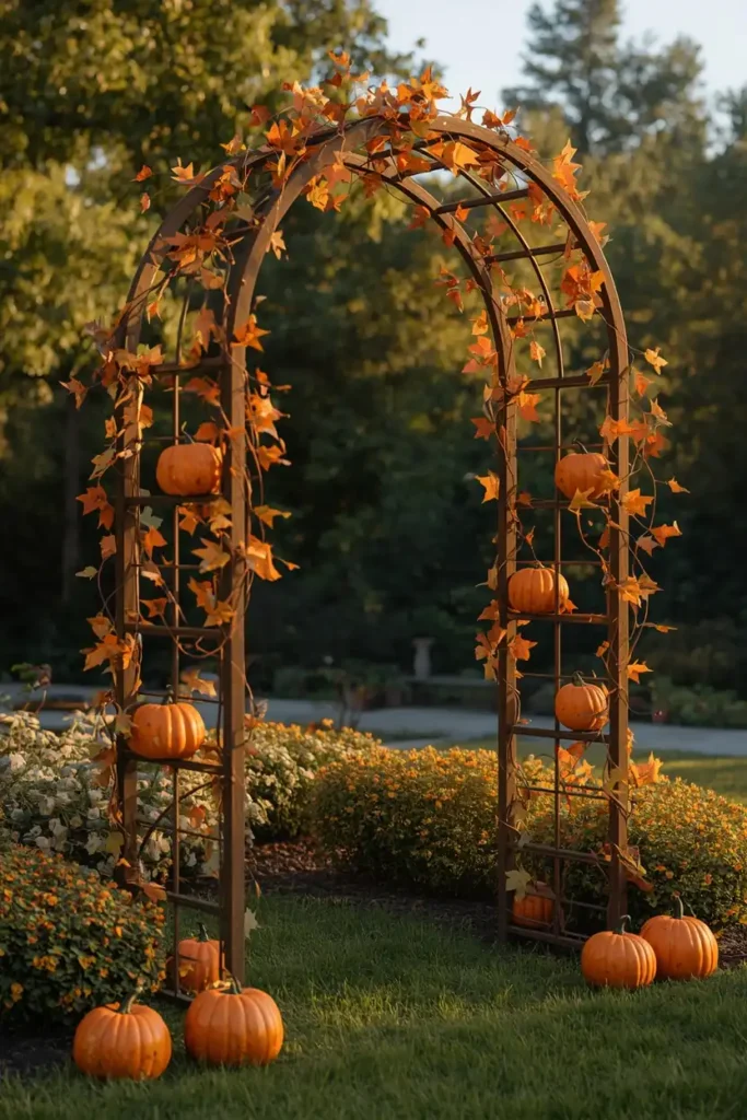  garden trellis archway, featuring small faux pumpkins zip-tied