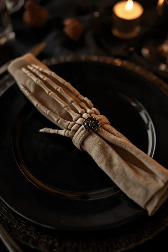 15 Last-Minute Halloween Tablescape Ideas That Look Planned 5 place setting detail shot, featuring a small skeleton hand wrapped