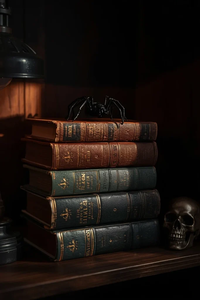  bookshelf close-up, featuring a stack of five weathered hardcover books 