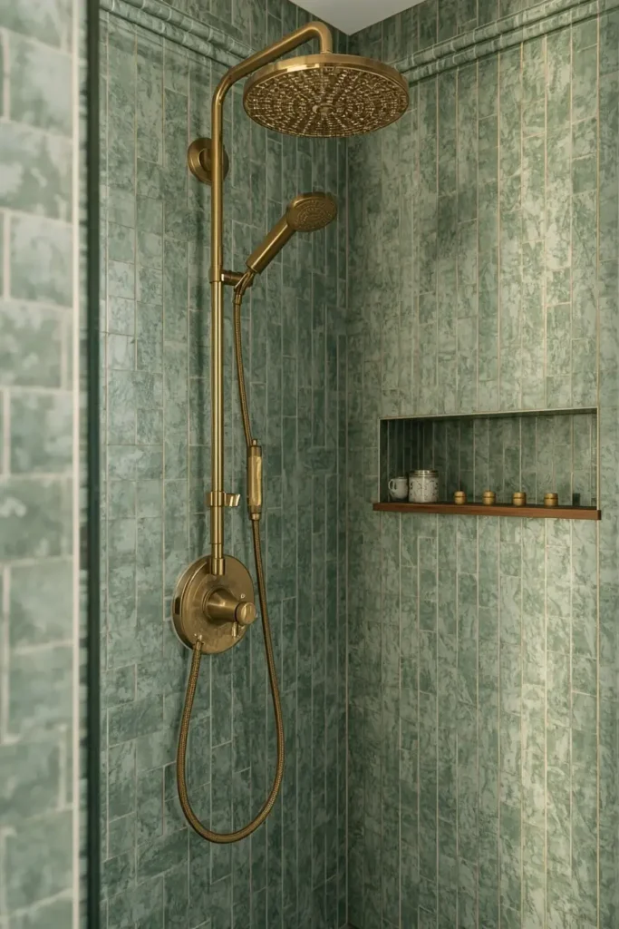25 Modern Bathroom Designs That Look Like a 5-Star Spa Retreat 5 bathroom shower, featuring handmade sage green zellige tile walls with visible texture variation