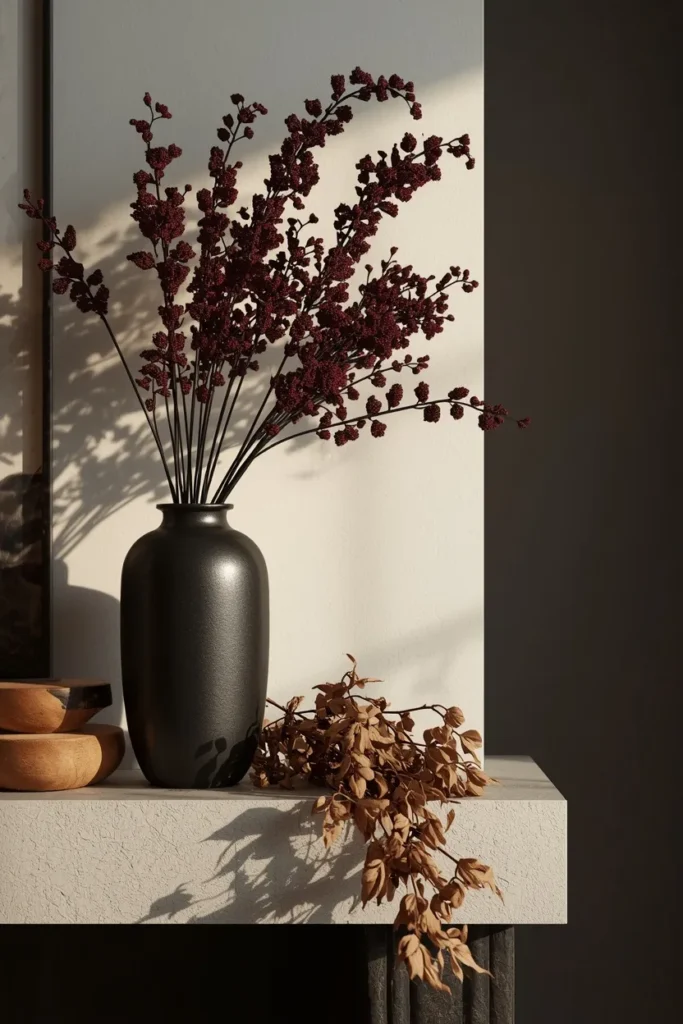 16 Modern Halloween Mantle Decor Ideas That Feel Fresh 5 modern fireplace mantel, featuring one tall matte black ceramic vase