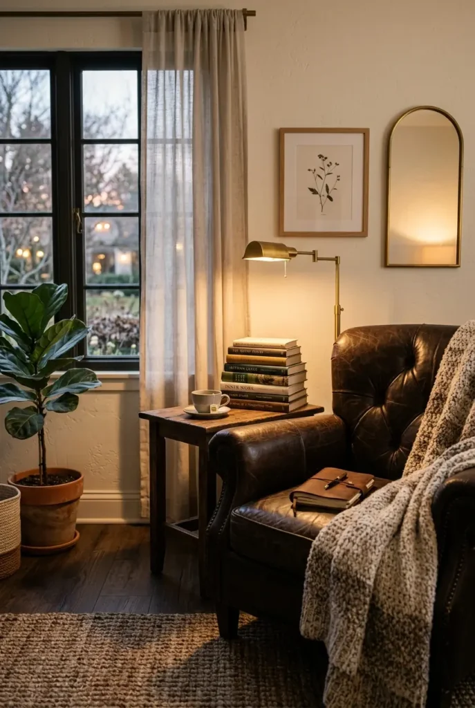  reading nook, featuring a dark leather armchair, small wood side table