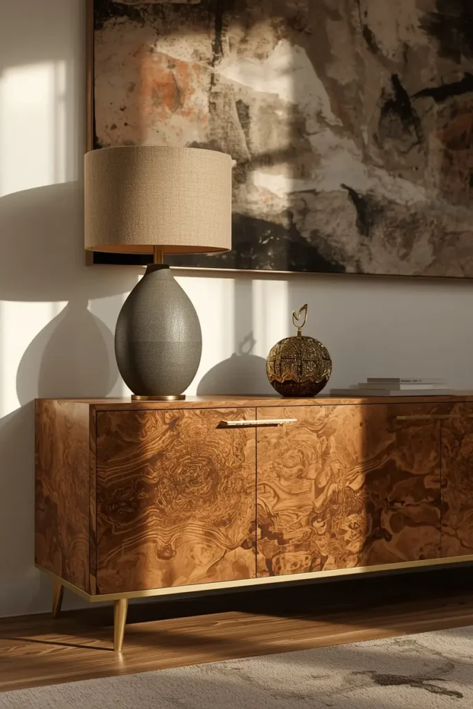 living room close-up, featuring a low burl wood media console with brass hardware