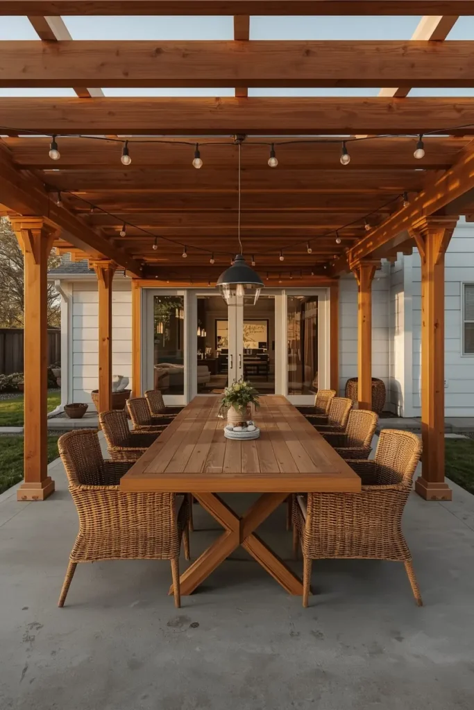  backyard dining area, featuring a cedar pergola attached to a house exterior,