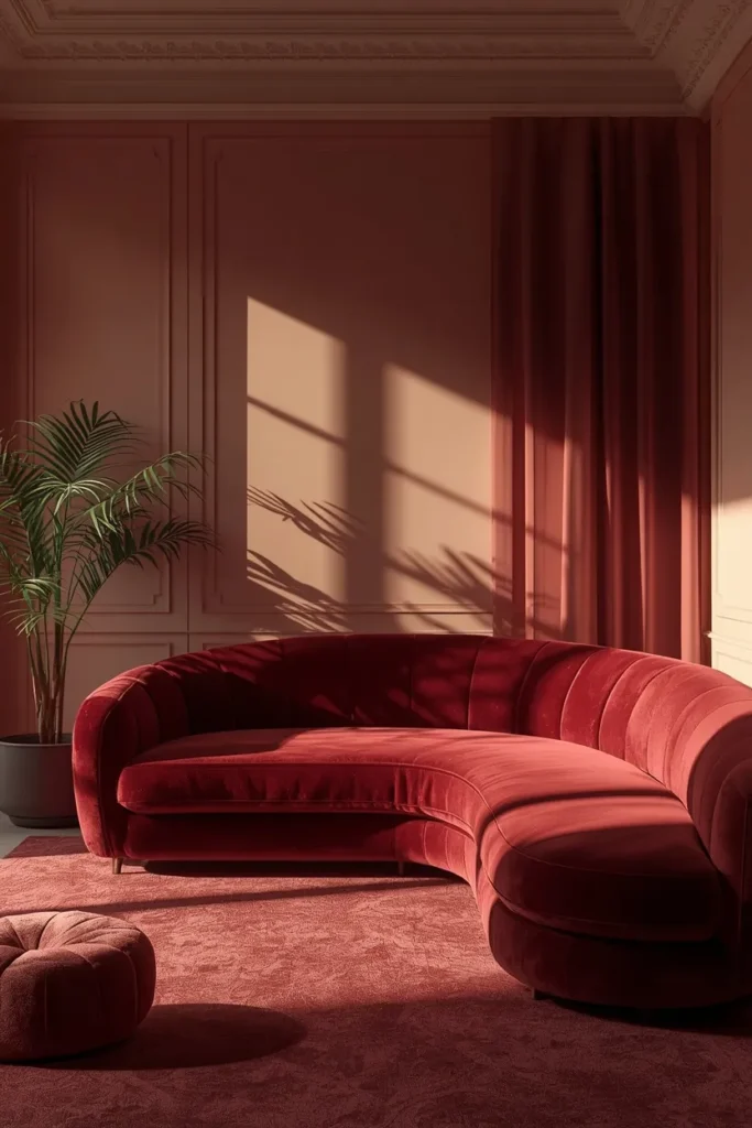  small living room, featuring a curved sculptural sofa upholstered in rich burgundy velvet 