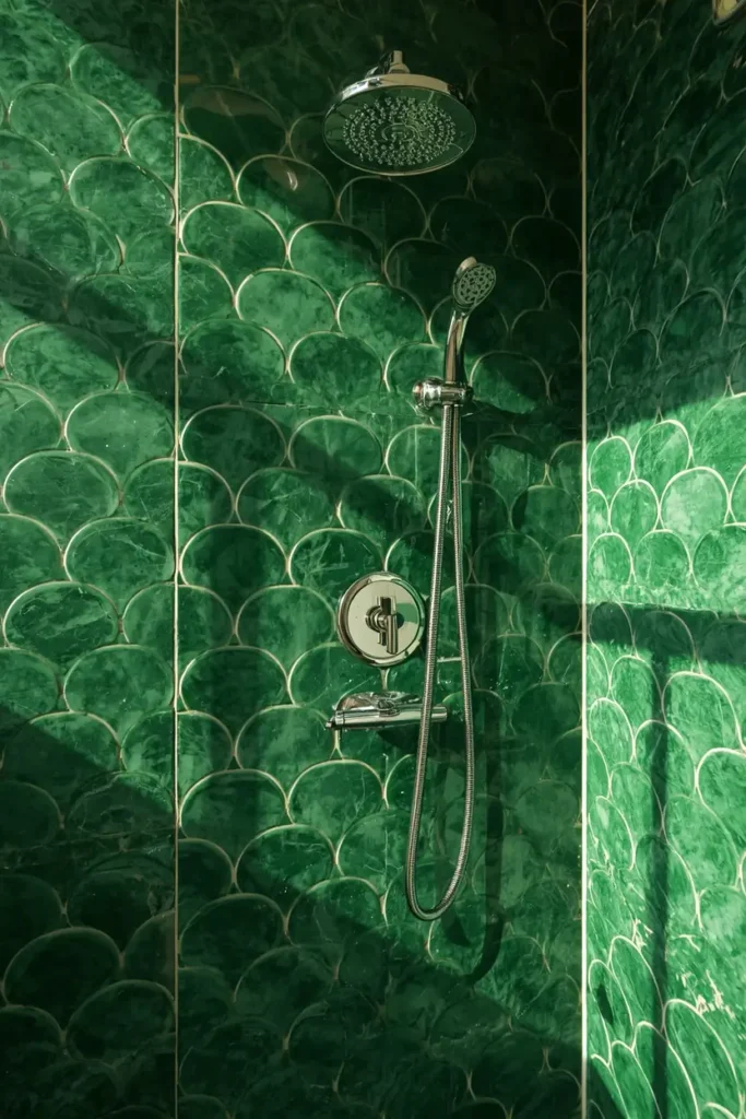 18 Scalloped Tile Ideas for a Soft, Statement-Making Bathroom 5 shower wall shot, featuring glossy emerald green scalloped tile with crisp white grout