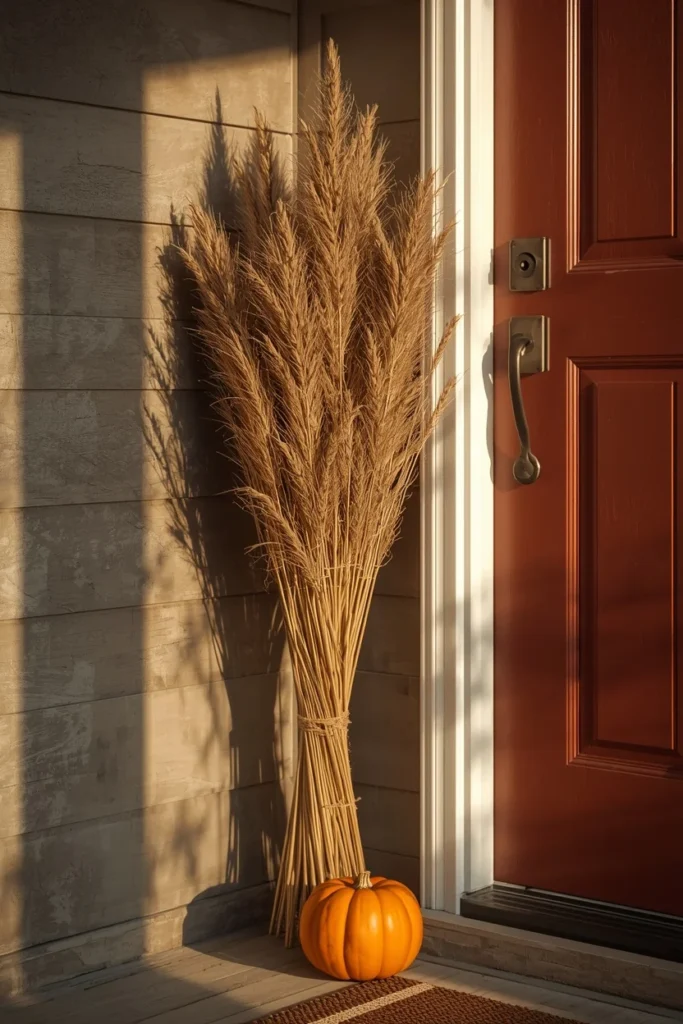 16 Simple Fall Porch Decor Ideas Anyone Can Pull Off This Season 5 front porch close-up, featuring a tall bundle of cornstalks tied with twine leaning beside a front door,