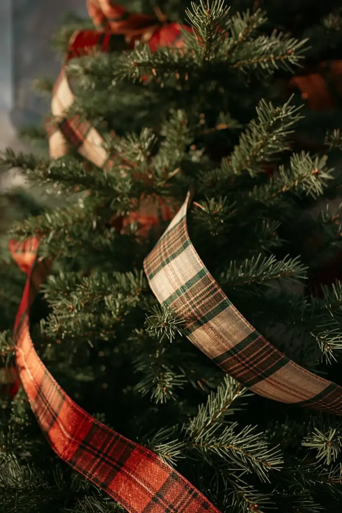 15 Simple Thanksgiving-to-Christmas Tree Transition Ideas 5 Christmas tree, featuring wide plaid ribbon in rust, cream, and forest green
