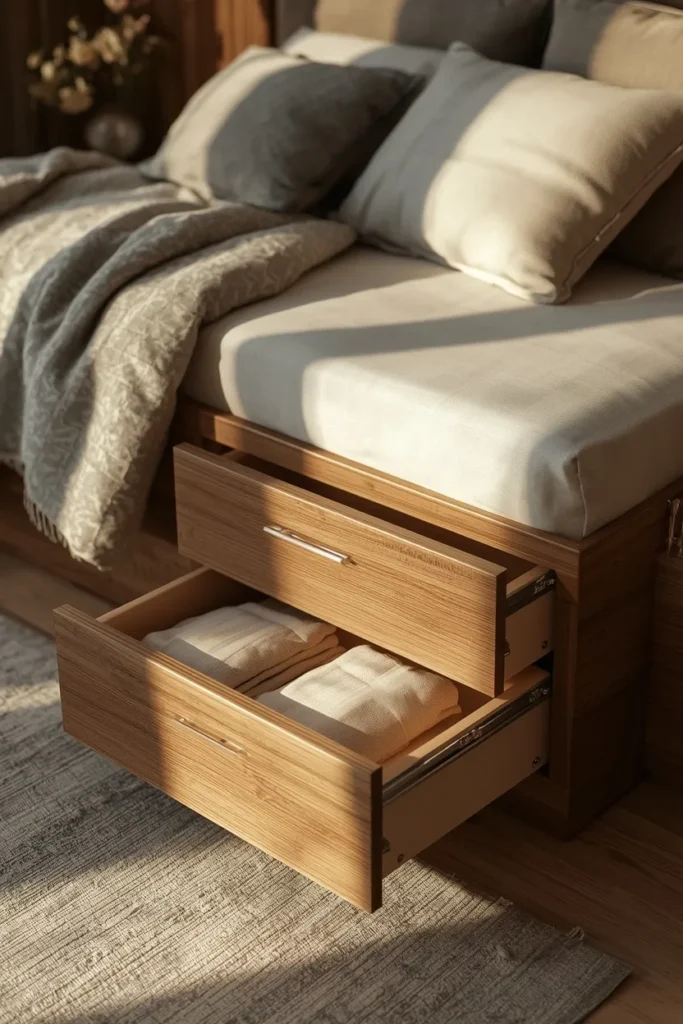 17 Tiny Bedroom Design Ideas for Couples (That Still Feel Romantic) 5 small bedroom, featuring a bed frame with built-in storage drawers