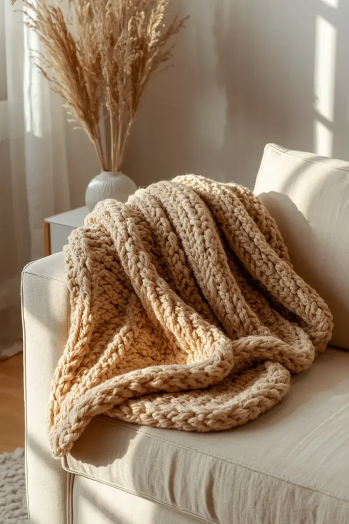 17 Understated Fall Decor Ideas for a Minimal, Modern Home 5 sofa styling shot, featuring a chunky knit throw in warm oatmeal draped