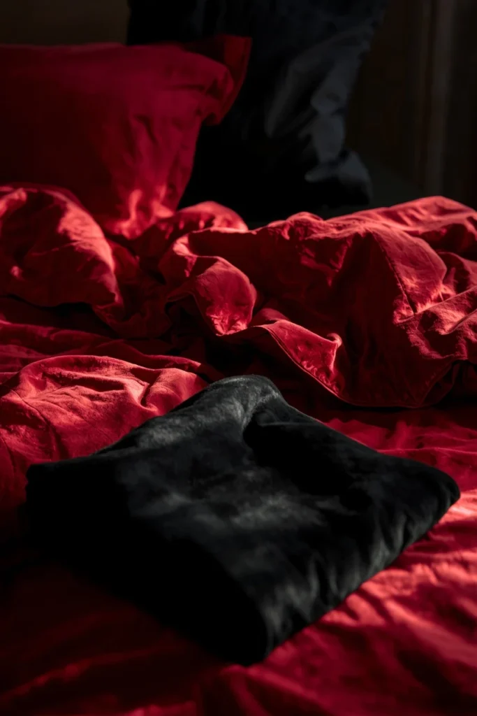 21 Vampy Romantic Bedroom Ideas for a Moody, Gothic-Chic Retreat 5 bed styling close-up, featuring layered crimson and black velvet bedding