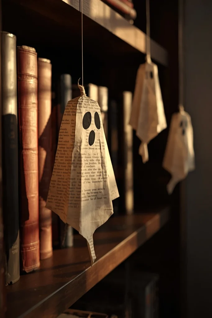 23 Vintage Halloween Decor Ideas That Look Straight Out of an Old Storybook 5 bookshelf close-up, featuring paper ghosts cut from yellowed antique book