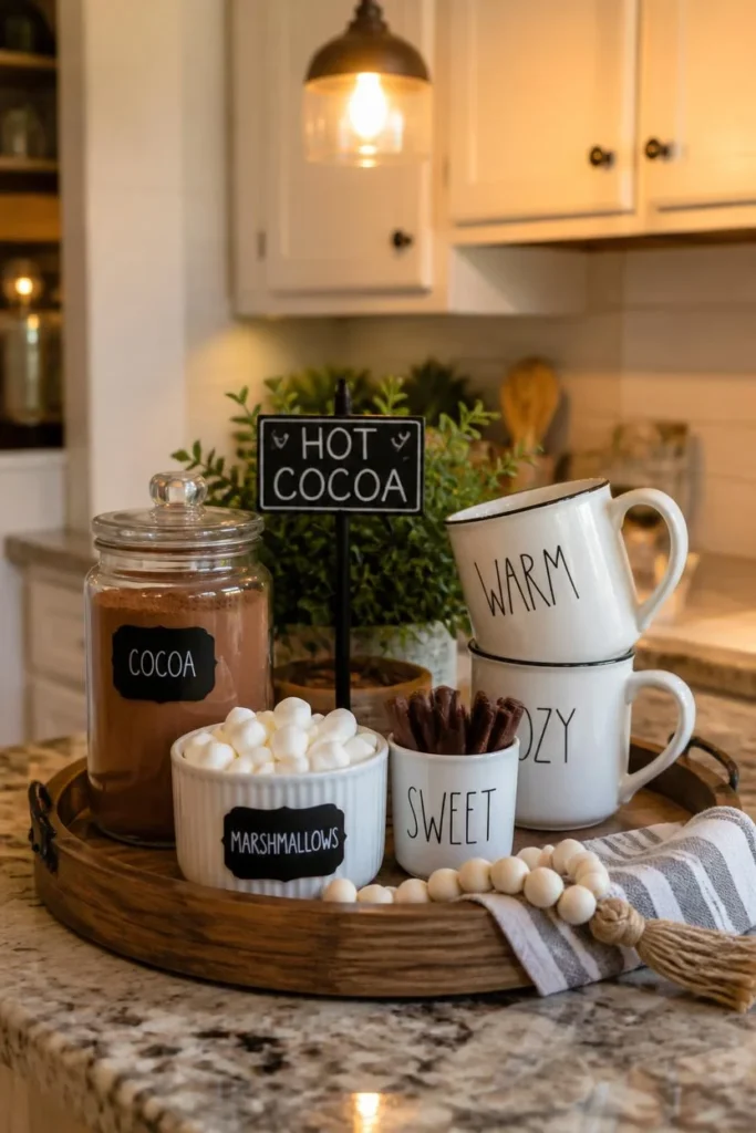 19 Ways to Decorate a Farmhouse Kitchen for Christmas (Cozy, Budget-Friendly Ideas) 5 farmhouse kitchen counter, featuring a wood tray hot cocoa station with mugs