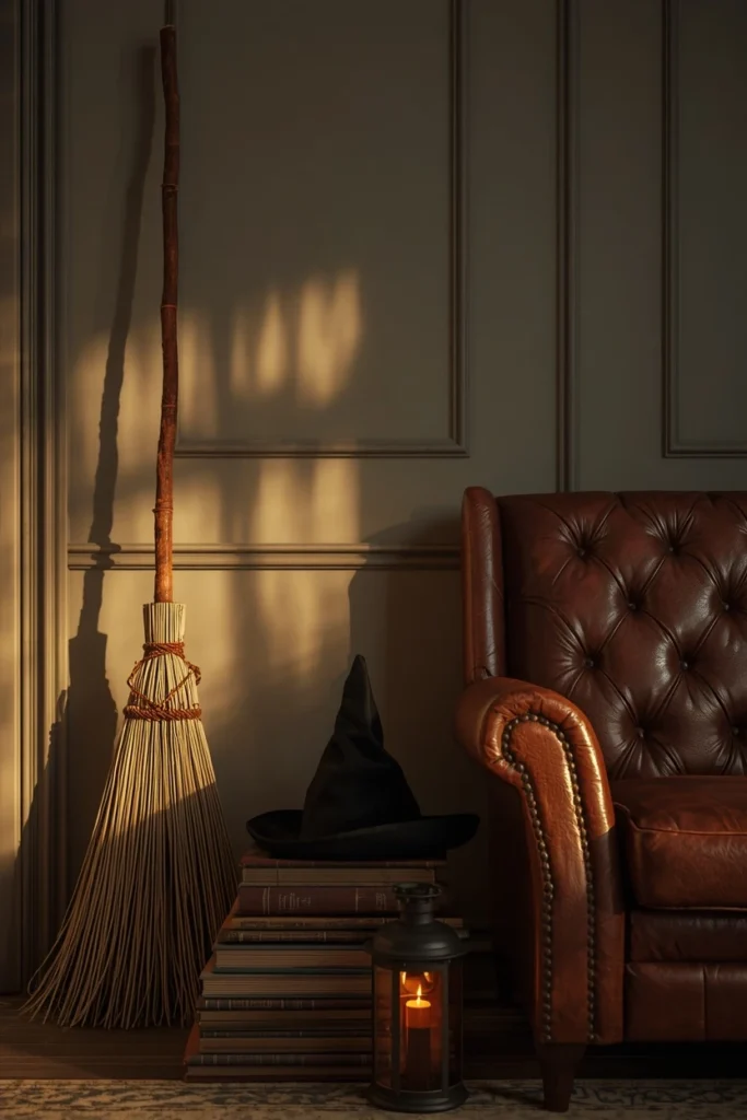 25 Whimsical Halloween Decor Ideas That Feel Spooky and Cute 5 living room corner, featuring a rustic wooden broom leaning against a wall